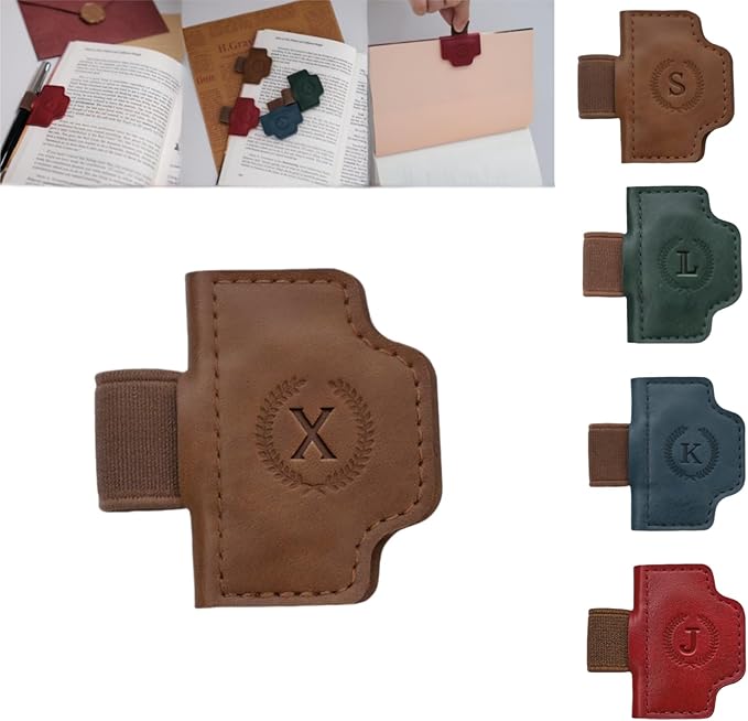 Personalized Magnetic Bygone Mark Bookmark with Pen Holder, 26 Letters Name Initial Custom Leather Book Mark for Women, Gifts for Book Lovers and Readers (Brown,X)