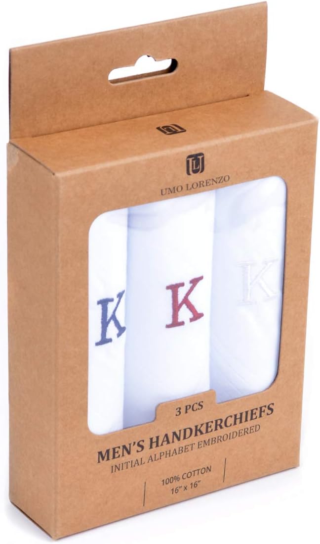 Initial Handkerchief for Men, Monogrammed Boxed 3 Piece Set,100% Cotton