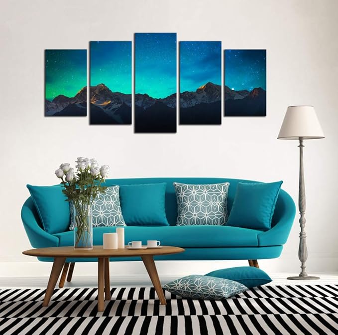 Wieco Art Canvas Wall Art Mount Cook and Lake Matheson New Zealand with Milky Way Modern 5 Piece Canvas Artwork Starry Night Pictures for Bedroom Kitchen Living Room Wall Decor Home Decorations