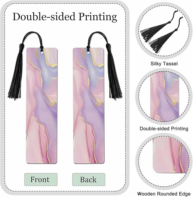 Pink Marble Bookmarks Set 5 with Tassels Purple Golden Wooden Bookmarks for Reading Women Men Students Teachers School Supplies