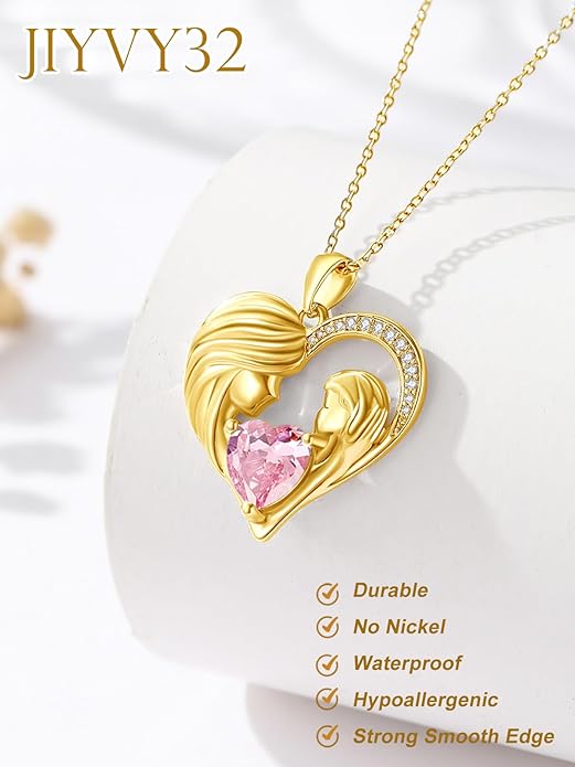 Mother and Daughter/Son Love Heart Necklace White Gold/14K Gold/Rose Gold Birthstone Jewelry Christmas Mothers Day Birthday Gifts For Mom Wife Grandma Women