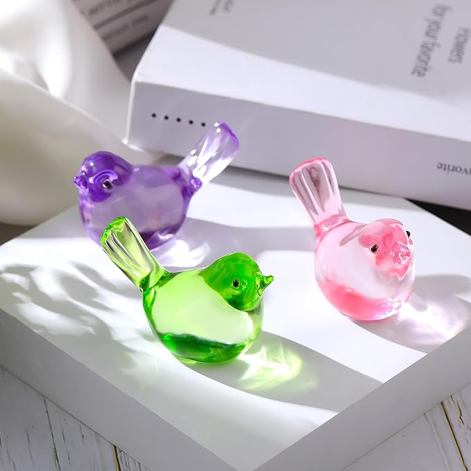 Crystal Pink Birds Figurines, Handmade Glass Birds Collectible Figurines Paperweights Blown Crystal Bird Decor Gifts for Bird Lovers Women Mom Friends (Pink)