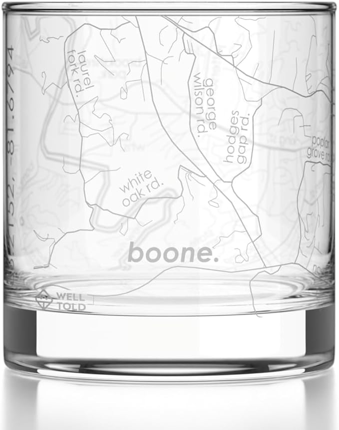 Well Told Engraved Boone North Carolina Map Rocks Glass, Old Fashioned Glassware (11 oz, Clear) Etched Bourbon Tumbler, Gifts For Whiskey Lovers