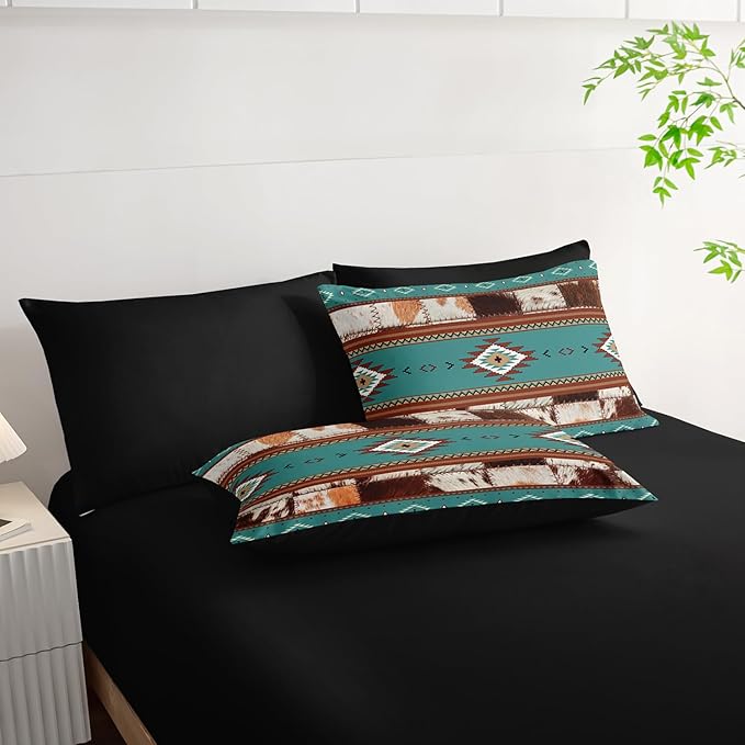 AILONEN Ethnic Cowhide Pattern Comforter Set Full,7-Piece Soft Bed in a Bag,Western Cow Fur Comforter & Fitted Sheet & Flat Sheet & 2 Pillowcases,2 Pillow Shams for Bedroom