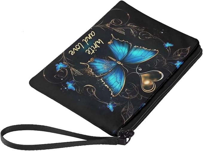 Dolyues Vintage Girls Coin Purse Wallets for Women, Blue Butterfly Print Handbags with Wrist Strap Zip Around, Small Wallet for Wife Birthday, Polyester Change Purse Pouch Bag