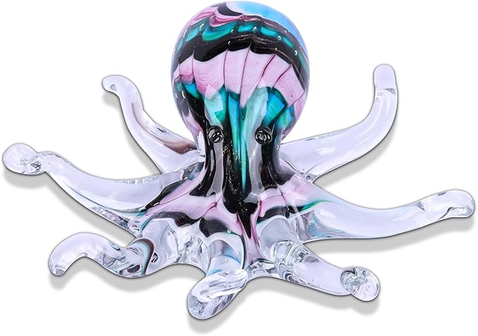 LCCCK Glass Octopus Statue Home Decor, Hand Blown Glass Decor Ocean Figurines Octopus Sculpture, Murano Art Office Desk Paperweights Fish Tank Aquarium Sea Animals Christmas Birthday Gift (Pink)