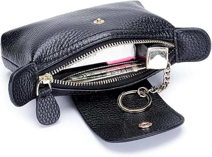 Genuine Leather Wallet Zipper Coin Purse Key Ring Card Organizer Compact Storage for Women (Black)