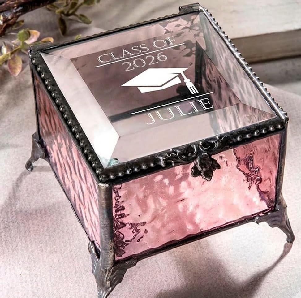 Graduation Keepsake Box Class of 2026 Personalized Name, Textured Clear Glass Jewelry Box, Engraved Memory Box with Graduation Cap, Senior Gift 2026 by JDevlinGlassArt