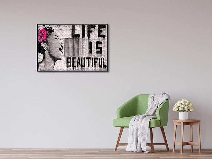 Wieco Art Framed Art Canvas Prints of Banksy Life is Beautiful Abstract Artwork for Wall Decor Black Frame