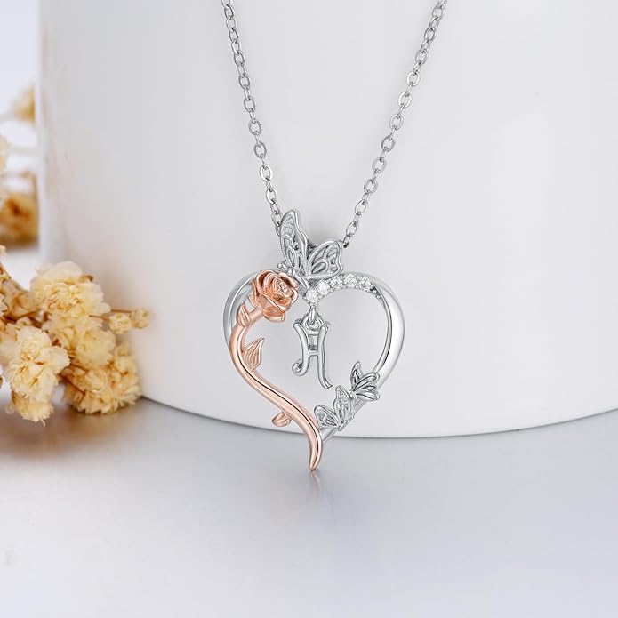 TOUPOP Rose Heart Necklaces Gifts for Women 925 Sterling Silver Butterfly Heart Initial Necklace Anniversary Valentines Day Birthday Jewelry Gifts for Mom Her Wife Girlfriend Daughter