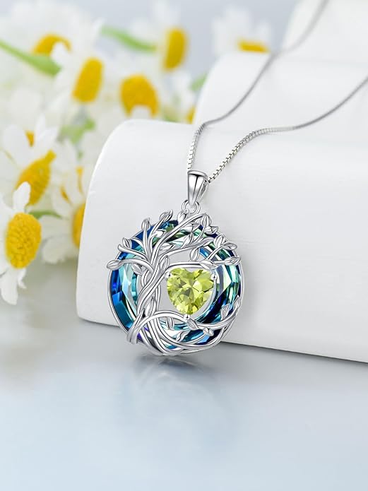 TOUPOP Tree of Life Birthstone Necklace 925 Sterling Silver Pendant Austrian Crystal Jewelry Anniversary Valentine's Day Birthday Gifts for Women Mom Her Wife