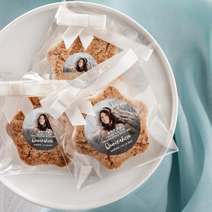 Andaz Press 40-Pack Personalized 2" Round Circle Quinceañera Labels Thank You for Celebrating with Me Sticker with Custom Photo for Quince Favors, Invitations, 15th Birthday, Decorations