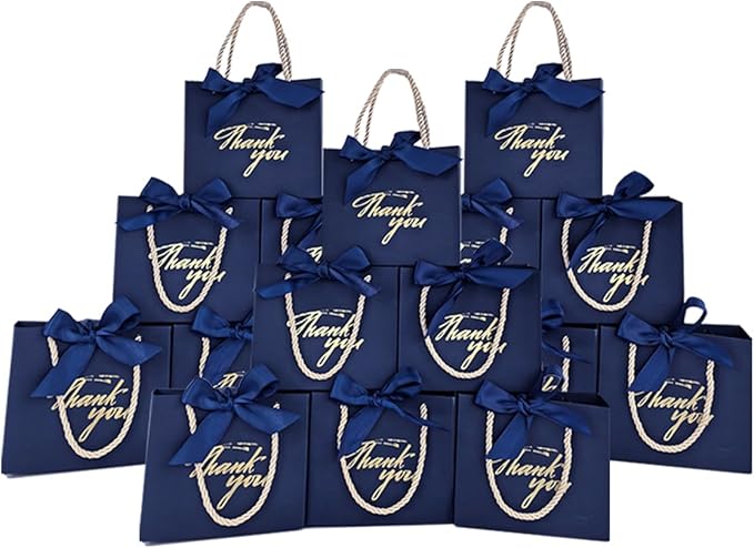 TKSBAG 100 Pack Small Thank You Gift Bags with Handles, 5.5''x 2.5''x4.7'' Mini Navy Blue Gift Bags Bulk for Baby Shower, Birthday, Wedding, Party Favors, Back to School, Summer Party