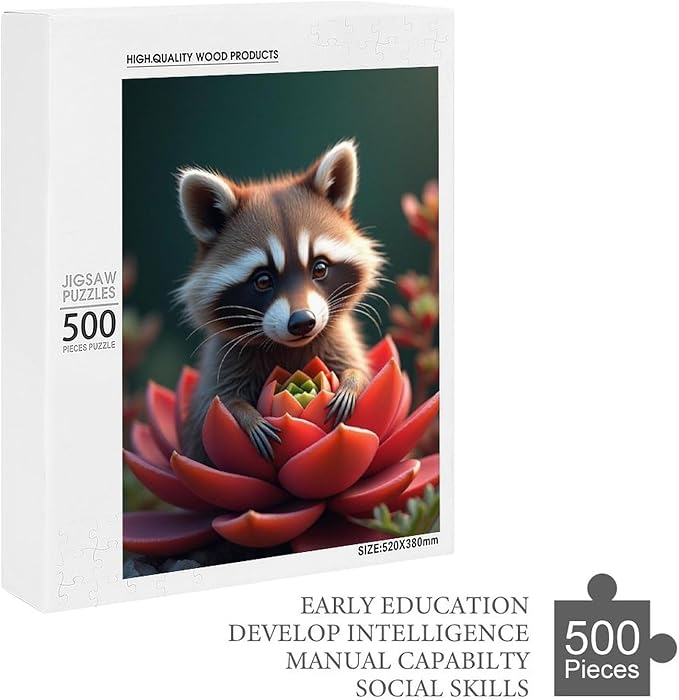 Puzzles for Adults 500 Pieces Wooden Jigsaw Puzzle - Succulent & Cute Raccoon Theme Puzzle，Party Games，Family Toys，Educational Puzzles，Stress Relief Wooden Puzzle，Gifts for Family and Friends