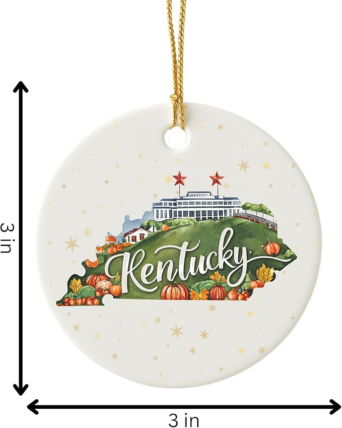 USA State Landmark Ceramic Ornament – Round Glossy Christmas Decoration Featuring U.S. State Art, Landmarks & Holiday Scenery – Collectible Travel Souvenir Ornament Series (Kentucky)