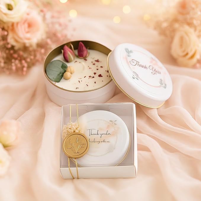 Wedding Candle Favor Set with Gift Box – Personalized Soy Wax Candles with Gold Seal & Gold String, Dried Flowers
