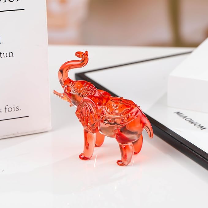 Crystal Elephant Figurine Home Decor, Glass Statue Gifts, Crystal Animals Collectible Tabletop Decoration Elephant Sculpture with Trunk Up (Red)