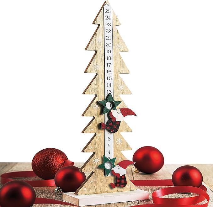 Lillian Vernon Christmas Gnome Advent Calendar Table & Shelf Sitter Sign, Seasonal Tabletop Decorations & Rustic Indoor Home Decor, 16 ¼” Tall, MDF & Metal