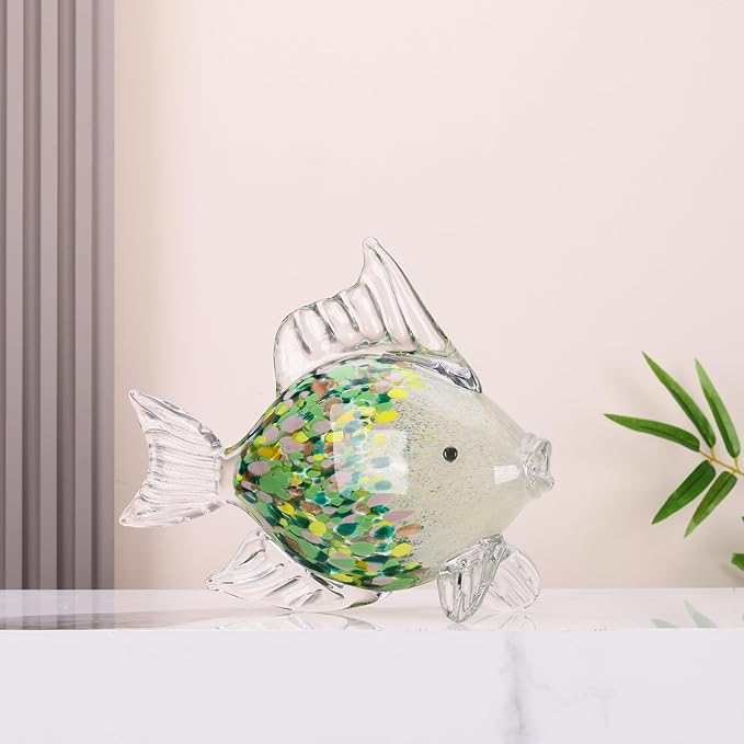 Large Hand Blown Glass Fish Figurines, Aquarium Sea Glass Art, Emerald Green Fish Statue Sculpture Modern Coastal Accent - for Beach Knick Knacks, Coffee Tables, Nautical Offices Centerpiece