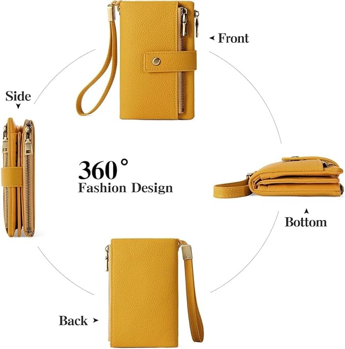 Practical Genuine Leather Wristlet Wallet for Women with Double Zipper Coin Purse and Card Organization (yellow)