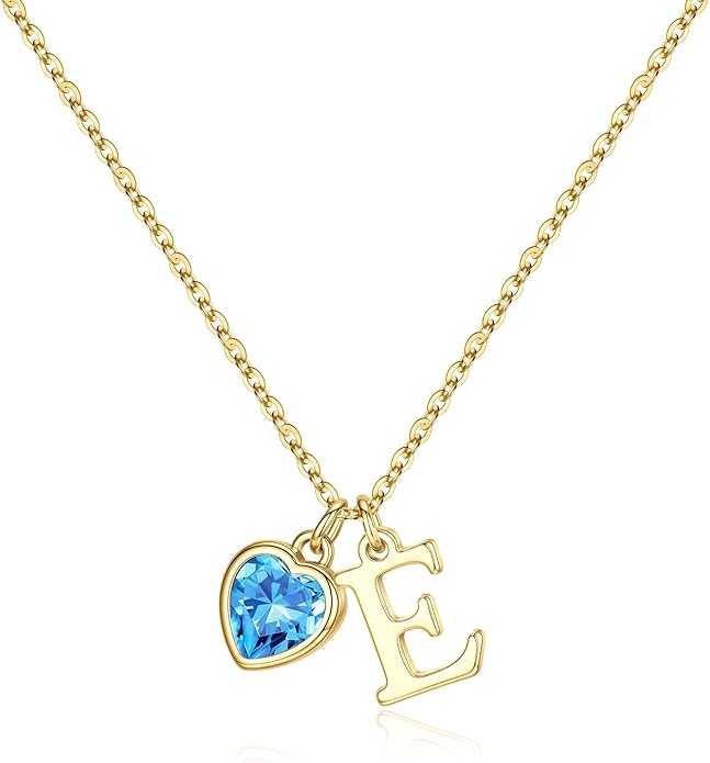 Turandoss Valentines Day Gifts for Her Trendy, Dainty 14K Gold Plated Initial A-Z Heart Birthstone Pendant Necklace Personalized Bridesmaid Birthday Valentines Jewelry Gifts for Women Girls
