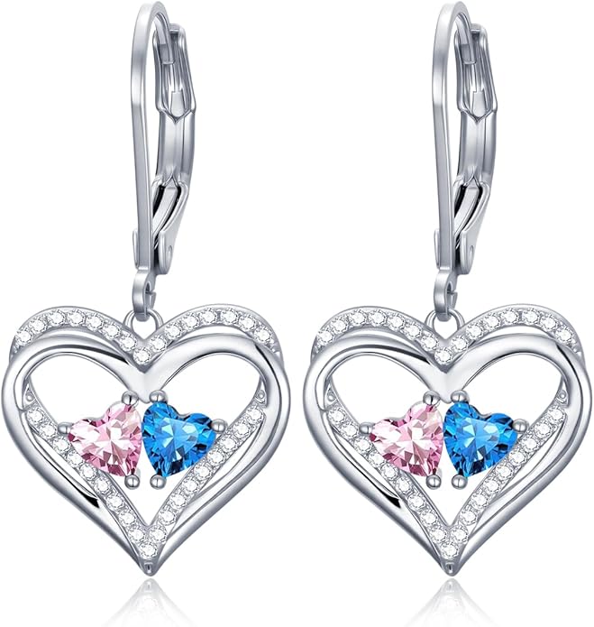Heart Leverback Earrings Double Birthstone Dangle Earrings for Women, Love Jewelry for Her, Christmas Gifts for Women, Anniversary Birthday Gift for Mom Wife Girlfriend
