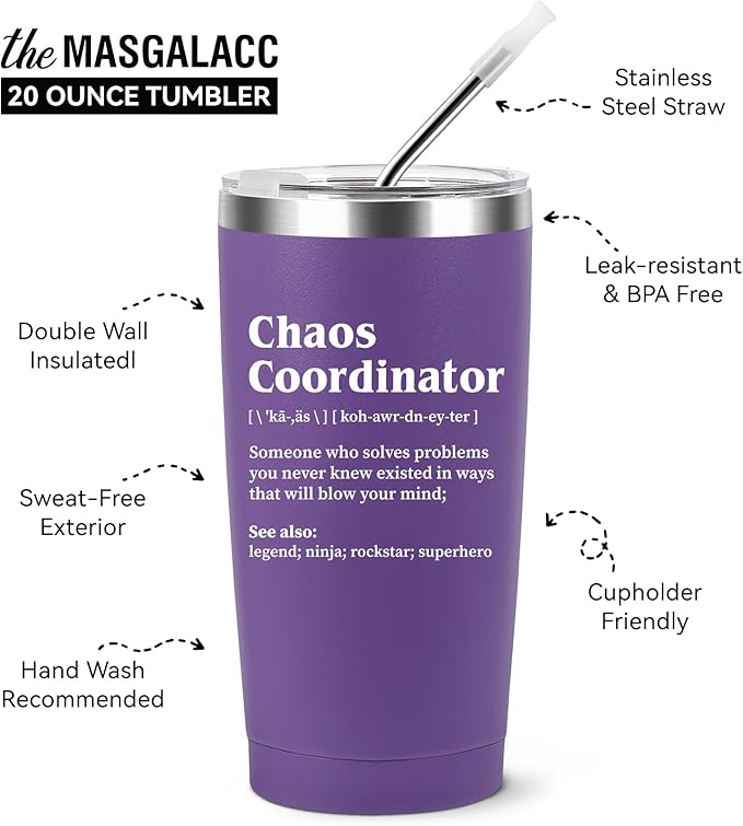 Chaos Coordinator Gifts for Women Men - Chaos Coordinator Tumbler Mug 20oz Gifts for Boss Coworker Gift for Teacher Appreciation Present Baskets for Supervisor Manager Nurse Purple Drinking Cup