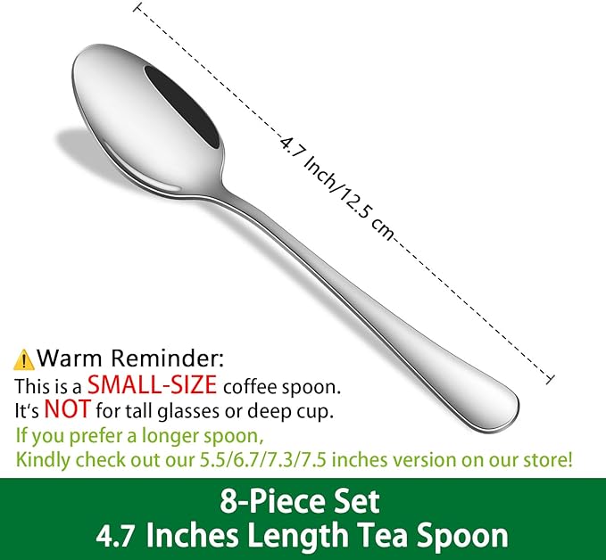 4.7 Inch Tea & Coffee Spoons,Set Of 8 Stainless Steel Espresso Spoons,Dishwasher Safe Small Spoon For Dessert Cake,Durable Metal Mini Spoon