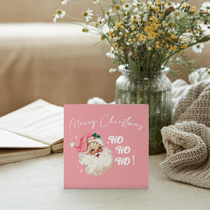 Mtrgdn Pink Santa Claus Decor Sign,Pink Merry Christmas Indoor Wood Box Signs Decorations,Rustic Santa Decor for Home Bathroom Bedroom Kitchen Office Desk Table Shelf Wall,Christmas Gifts for Women,5x5 Inch