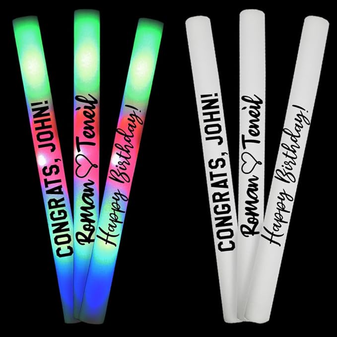 Pack of 100, Custom LED Party Foam Light Sticks for Wedding, Birthdays, Guests, Party, DJ, Concerts, Festivals, Events, Promotions 3 Color Lighting Modes Batteries 16"