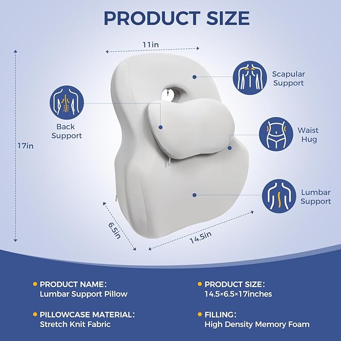 Memory Foam Lumbar Support Pillow for Back Pain Relief, Ergonomic Design, Orthopedic Cushion
