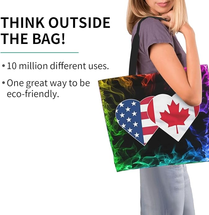 USA Canada Flag Heart Large Reusable Eco-friendly Shopping Bags Portable Storage Handbag