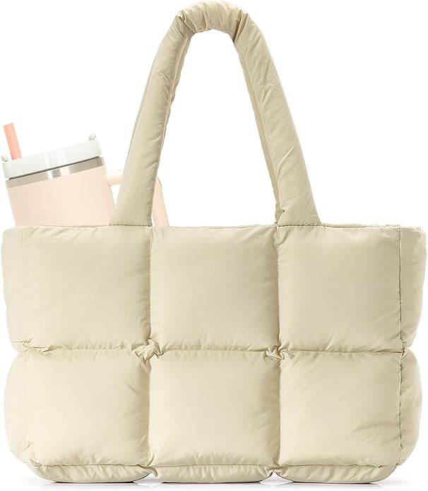 Herald Puffer Tote Bag for Women, Large Quilted Puffy Handbag Lightweight Satchel Purse with Cup Holder & Compartment
