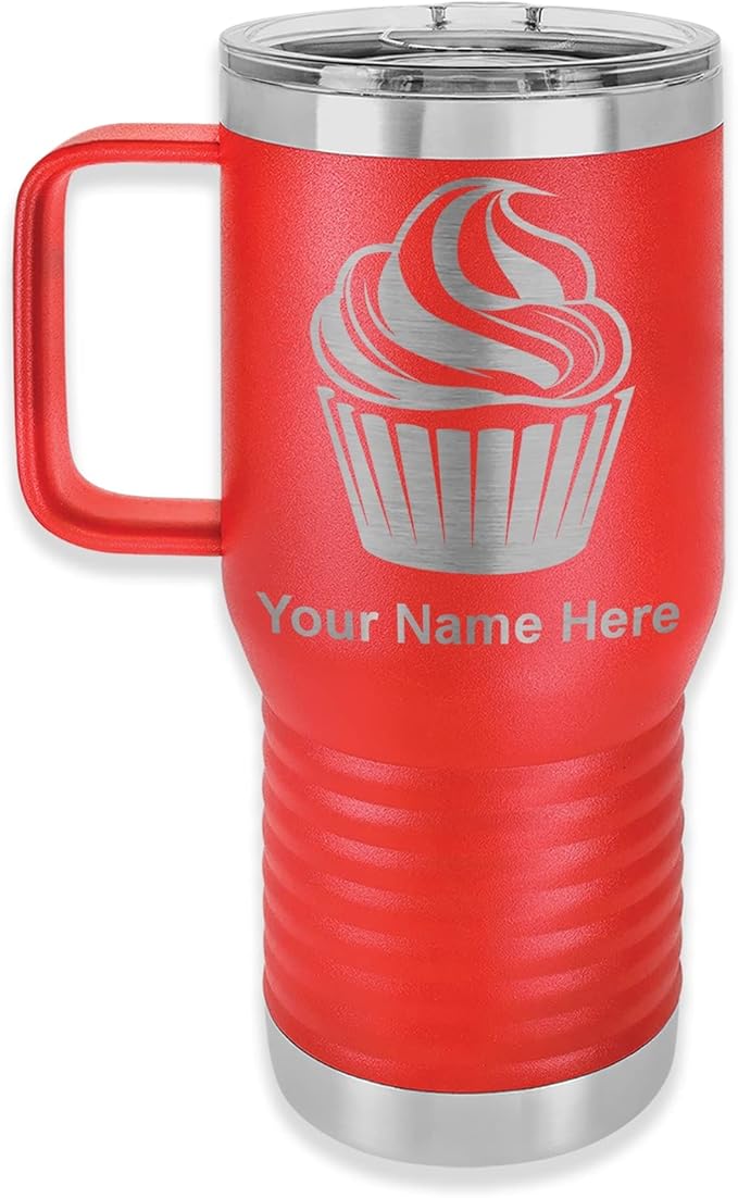 LaserGram 20oz Vacuum Insulated Travel Mug with Handle, Cup Cake, Personalized Engraving Included (Red)