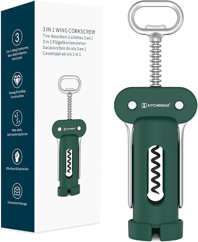KITCHENDAO 3 in 1 Wing Corkscrew Wine Bottle Opener with Foil Cutter, Built-in Beer Bottle Opener, Multifunctional Wine Opener with Non-Stick Sharp Screw, Easy to Use, Manual Wine Corkscrew, Green