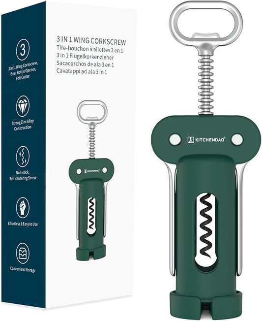 KITCHENDAO 3 in 1 Wing Corkscrew Wine Bottle Opener with Foil Cutter, Built-in Beer Bottle Opener, Multifunctional Wine Opener with Non-Stick Sharp Screw, Easy to Use, Manual Wine Corkscrew, Green