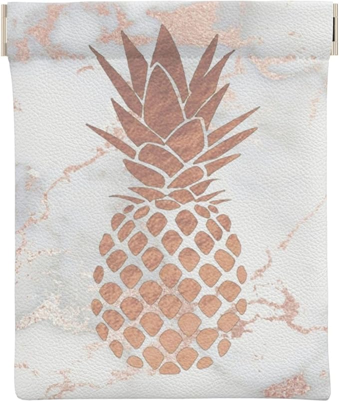 Coin Purse faux rose gold foil pineapple on pink marble Leather Squeeze Coin Purse Mini Pouch Change Wallet Bag Gifts for Women Kids Girls Key Holder