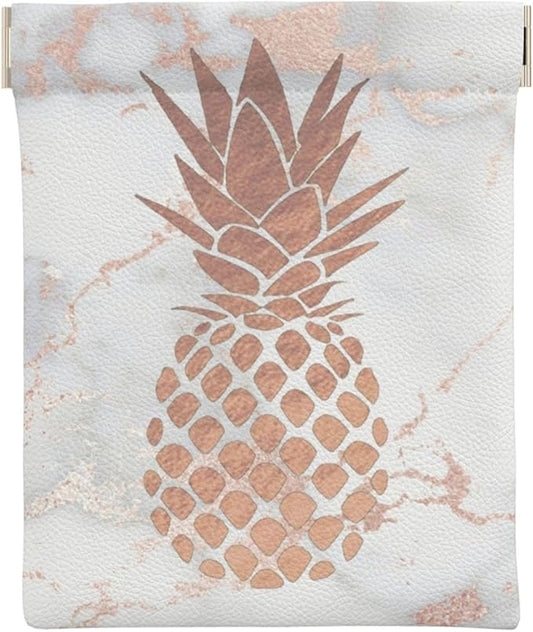 Coin Purse faux rose gold foil pineapple on pink marble Leather Squeeze Coin Purse Mini Pouch Change Wallet Bag Gifts for Women Kids Girls Key Holder