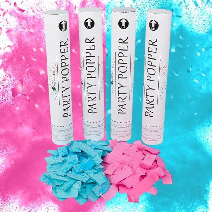 Clover Products Gender Reveal Cannons – 4 Pack (2 Blue & 2 Pink) | 12-Inch Confetti & Powder Poppers | Air-Powered, Biodegradable | Free Balloons Included