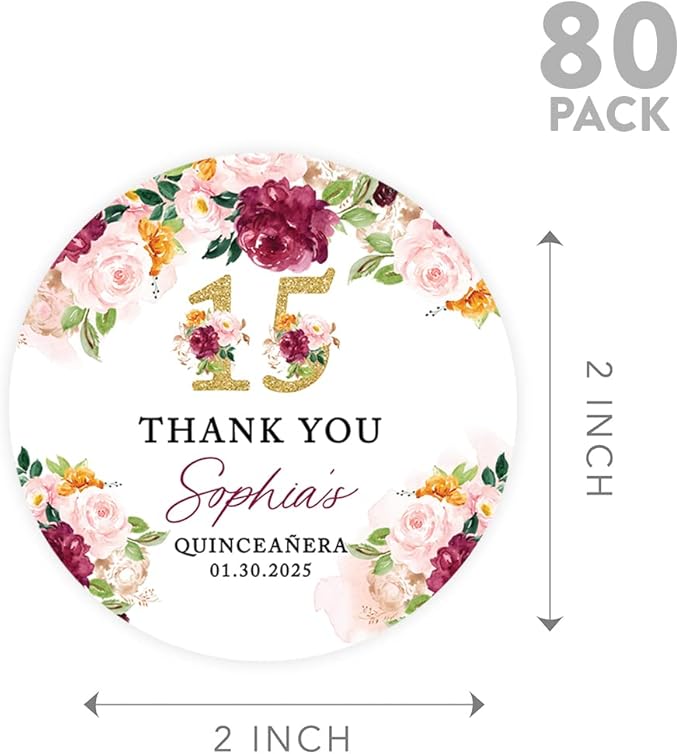 Andaz Press 40-Pack Personalized 2" Round Circle Quinceañera Labels, Burgundy & Blush Florals Custom Thank You Sticker Labels for Mis Quince XV, 15th Birthday Favor Gifts, Quince Decorations