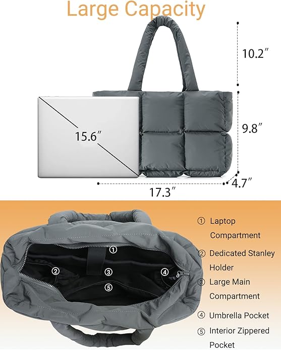 Herald Puffer Tote Bag for Women, Large Quilted Puffy Handbag Lightweight Satchel Purse with Cup Holder & Compartment