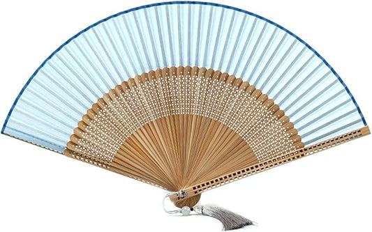 Hand Fan for Vintage Japanese Bamboo Silk Elegant for Dance Music Festival Wedding Church Decoration Party (Blue, Medium)
