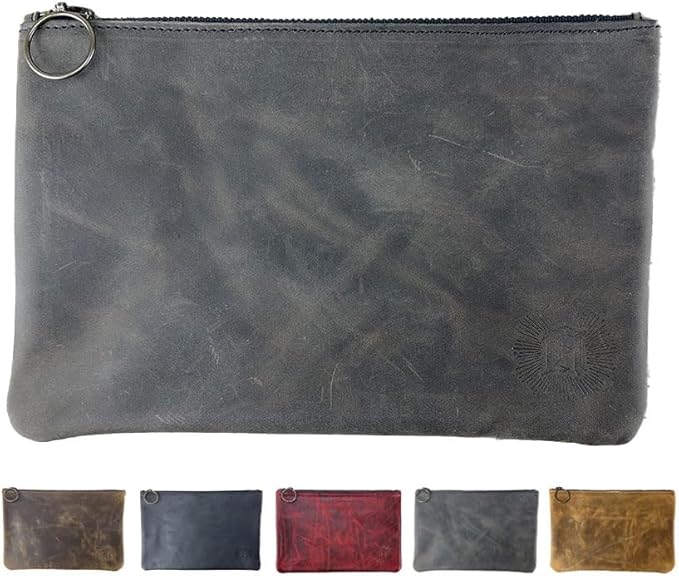 Leather Pouch with Zipper (Aged Steel, 10.5" x 7")