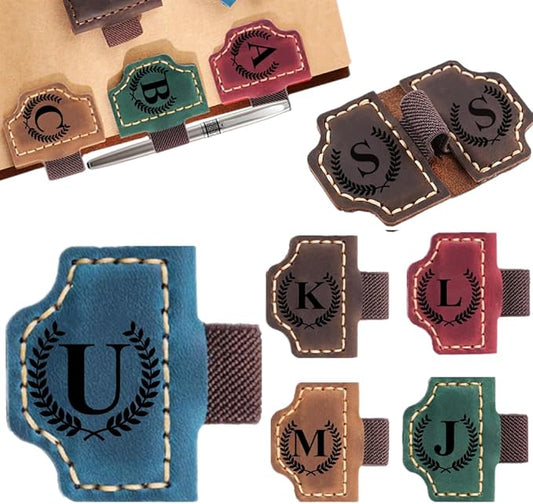 Custom Bookmark with Pen Holder with 26 Letters Personalized Magnetic Leather Book Mark, Customized Name Book Marker Clip with Initial for Men Women, Gifts for Book Lovers, Readers, (Blue, U)