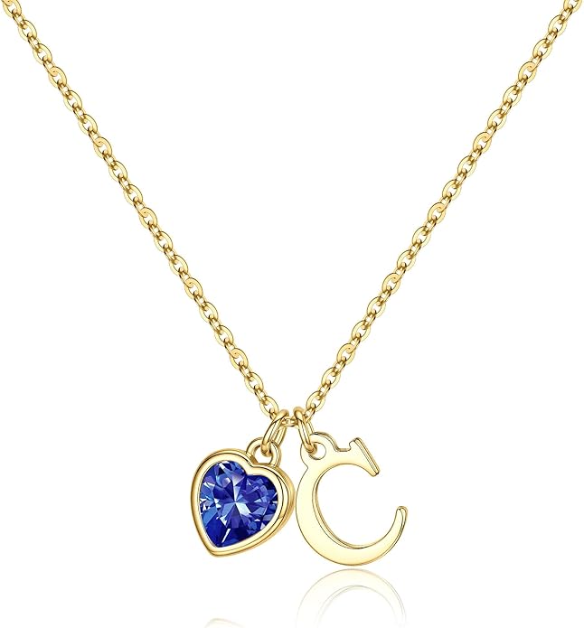 Turandoss Valentines Day Gifts for Her Trendy, Dainty 14K Gold Plated Initial A-Z Heart Birthstone Pendant Necklace Personalized Bridesmaid Birthday Valentines Jewelry Gifts for Women Girls