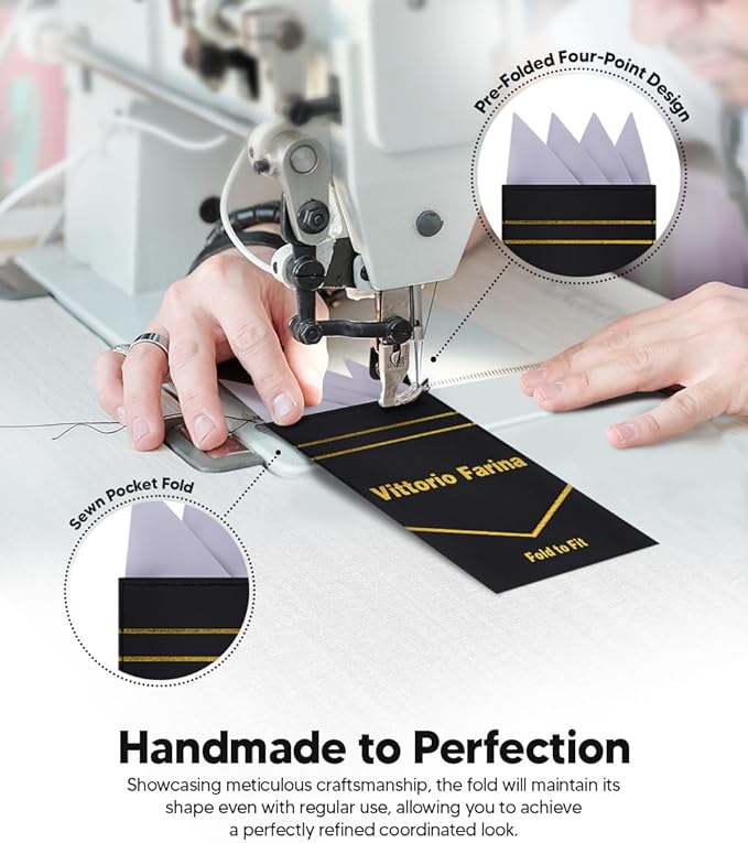 Premium Pre-Folded Four-Point Suit Pocket Square for Men with Sewn Pocket Fold