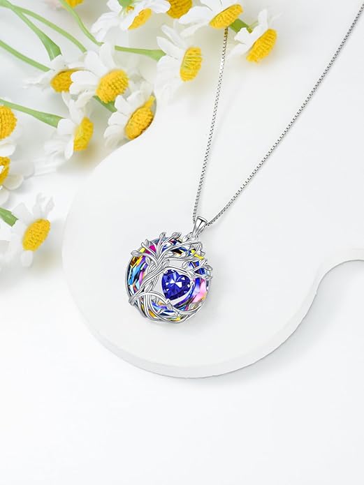 TOUPOP Tree of Life Birthstone Necklace 925 Sterling Silver Pendant Austrian Crystal Jewelry Anniversary Valentine's Day Birthday Gifts for Women Mom Her Wife