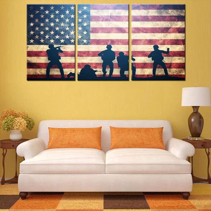 Native American Flag Artwork for Living Room 3 Panel Blue Canvas Pictures Red Stars Stripes Paintings Giclee Patriotism Wall Art Modern Home Decor Framed Ready to Hang Posters and Prints(48''Wx24''H)