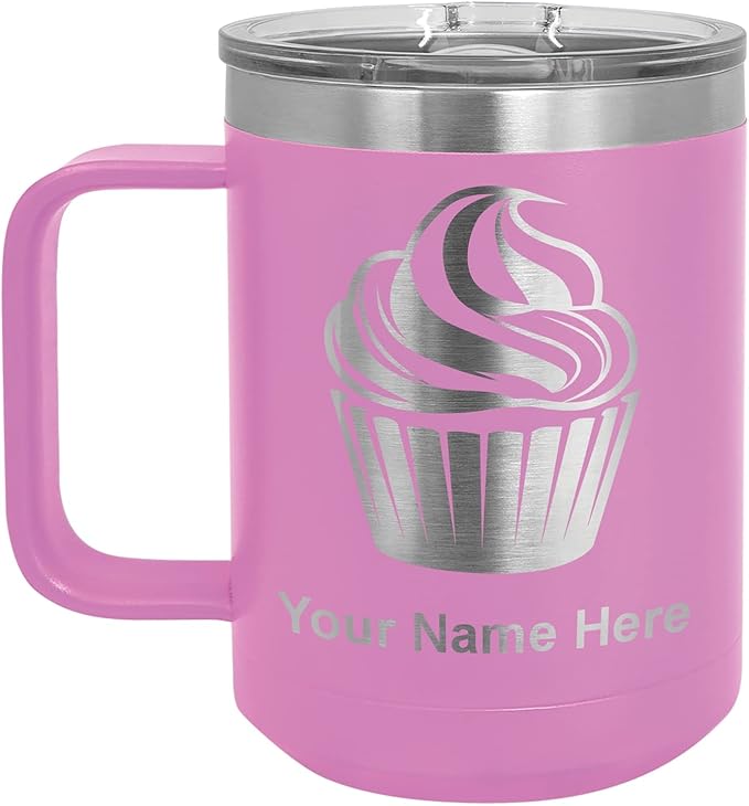 LaserGram 15oz Vacuum Insulated Coffee Mug, Cup Cake, Personalized Engraving Included (Light Purple)