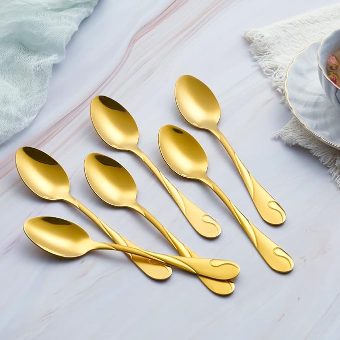 Gold Dessert Spoon Set, Seeshine 6.5-inch Stainless Steel Shiny Gold Teaspoon, Espresso Coffee Spoon, Set of 6